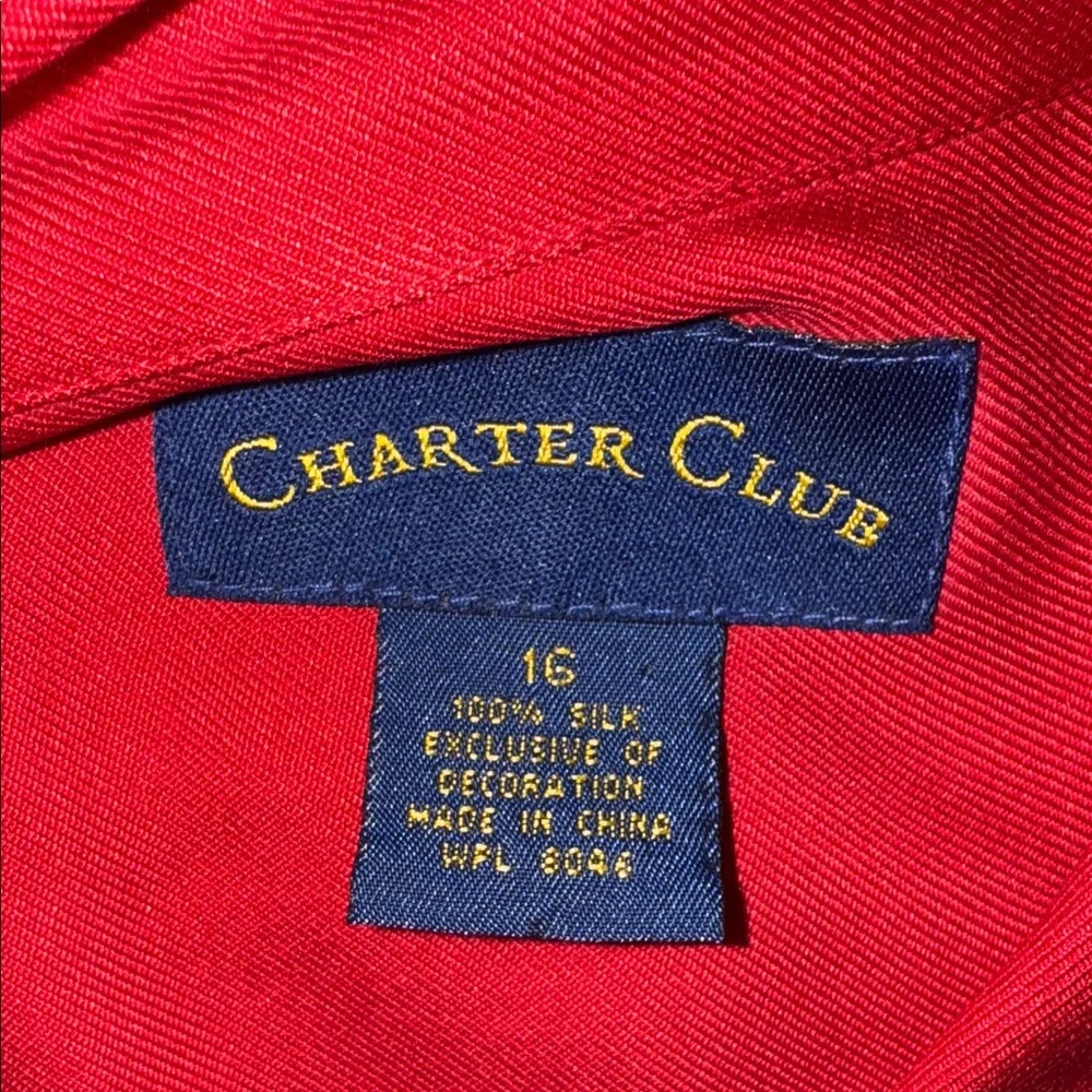 Charter Club Red Classic Button up Silk Blouse‎ Preppy Crest Logo Pocket Size 16
